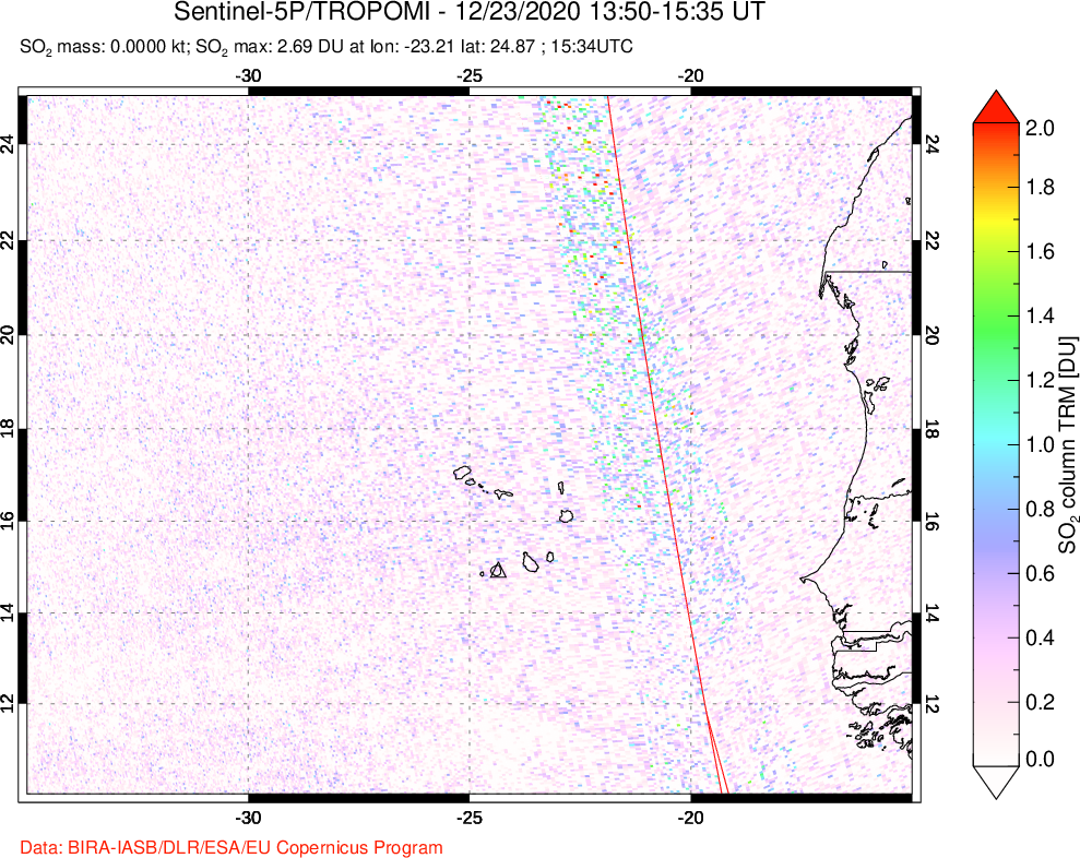 A sulfur dioxide image over Cape Verde Islands on Dec 23, 2020.