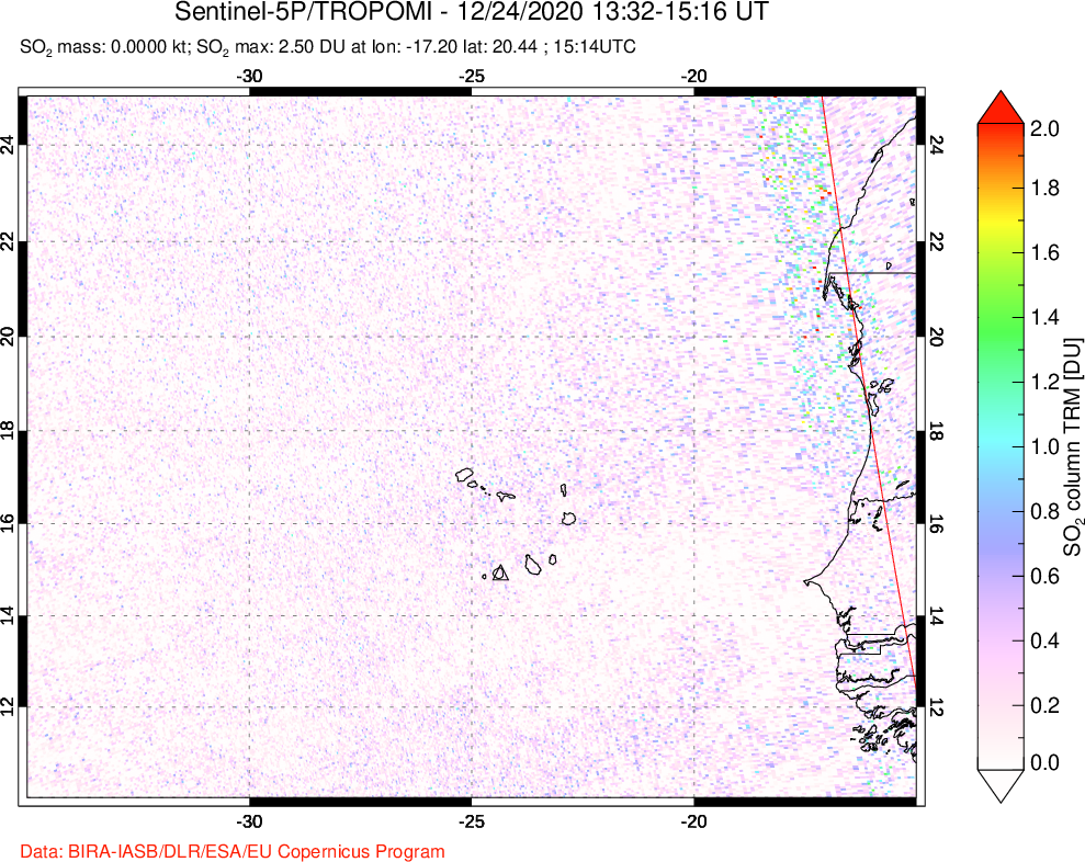 A sulfur dioxide image over Cape Verde Islands on Dec 24, 2020.
