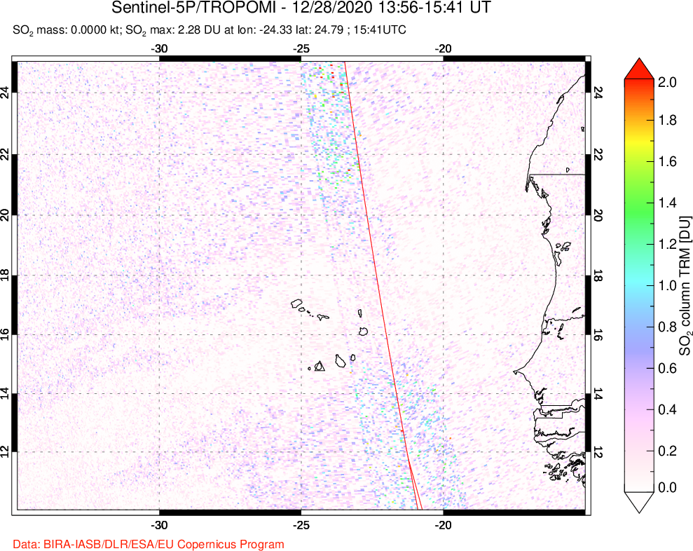 A sulfur dioxide image over Cape Verde Islands on Dec 28, 2020.