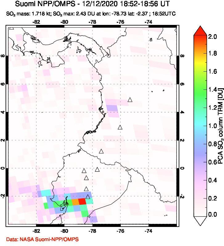 A sulfur dioxide image over Ecuador on Dec 12, 2020.