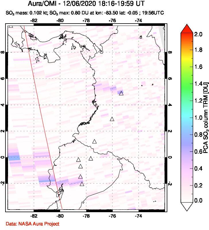 A sulfur dioxide image over Ecuador on Dec 06, 2020.