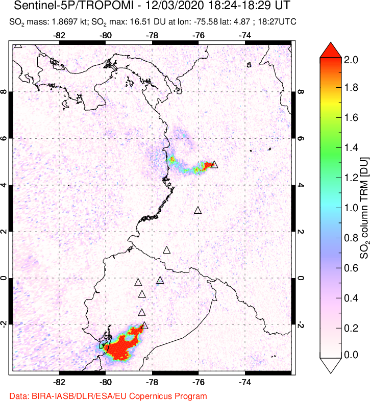 A sulfur dioxide image over Ecuador on Dec 03, 2020.