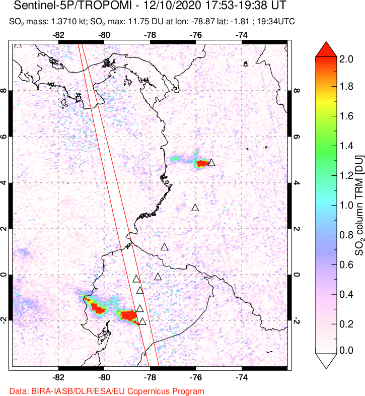 A sulfur dioxide image over Ecuador on Dec 10, 2020.