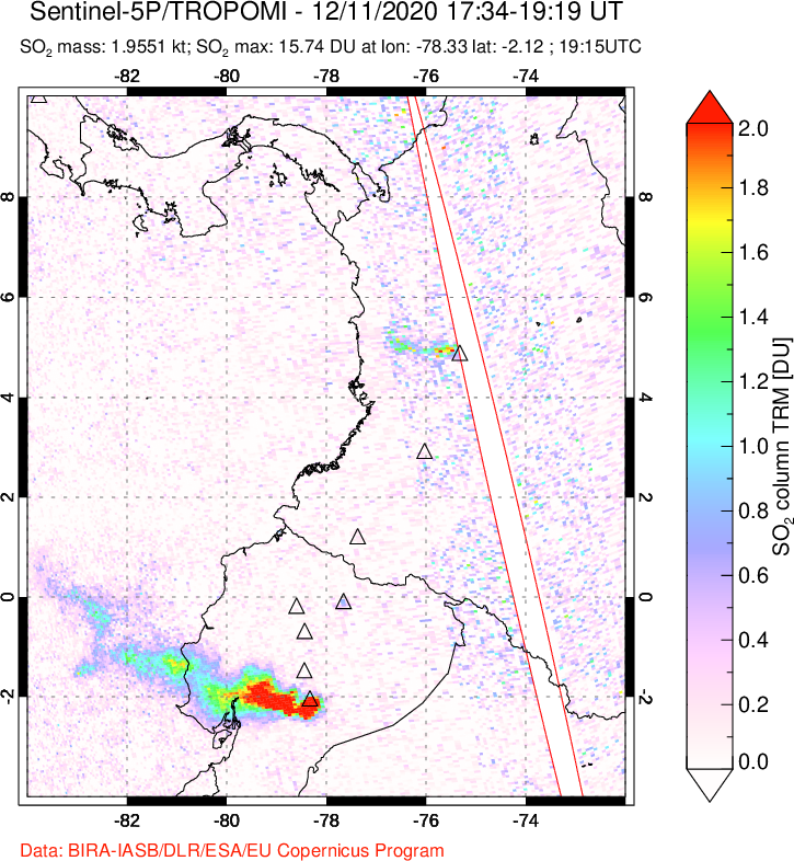 A sulfur dioxide image over Ecuador on Dec 11, 2020.