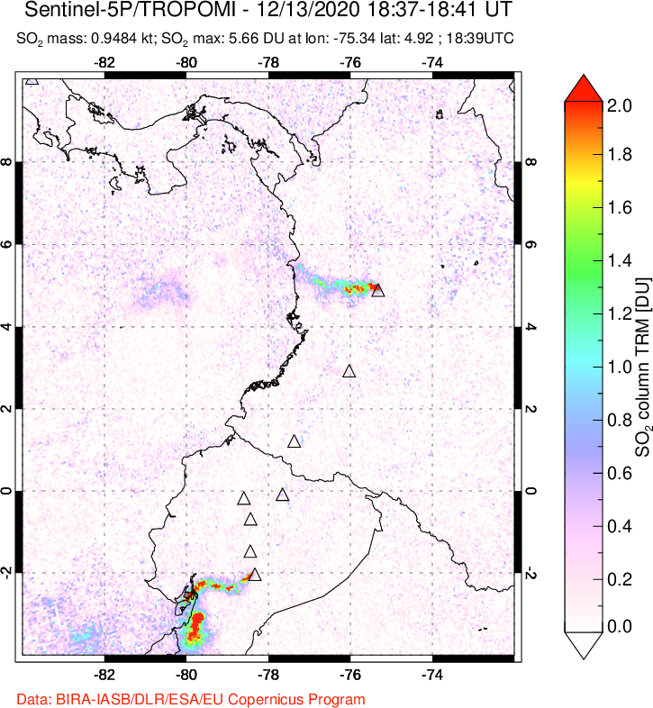 A sulfur dioxide image over Ecuador on Dec 13, 2020.