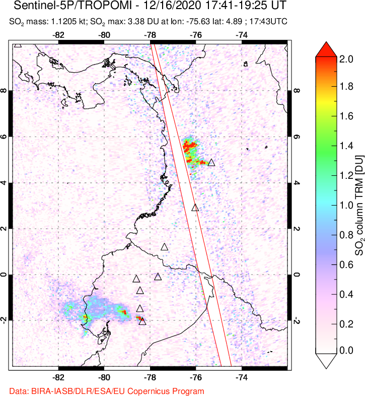 A sulfur dioxide image over Ecuador on Dec 16, 2020.