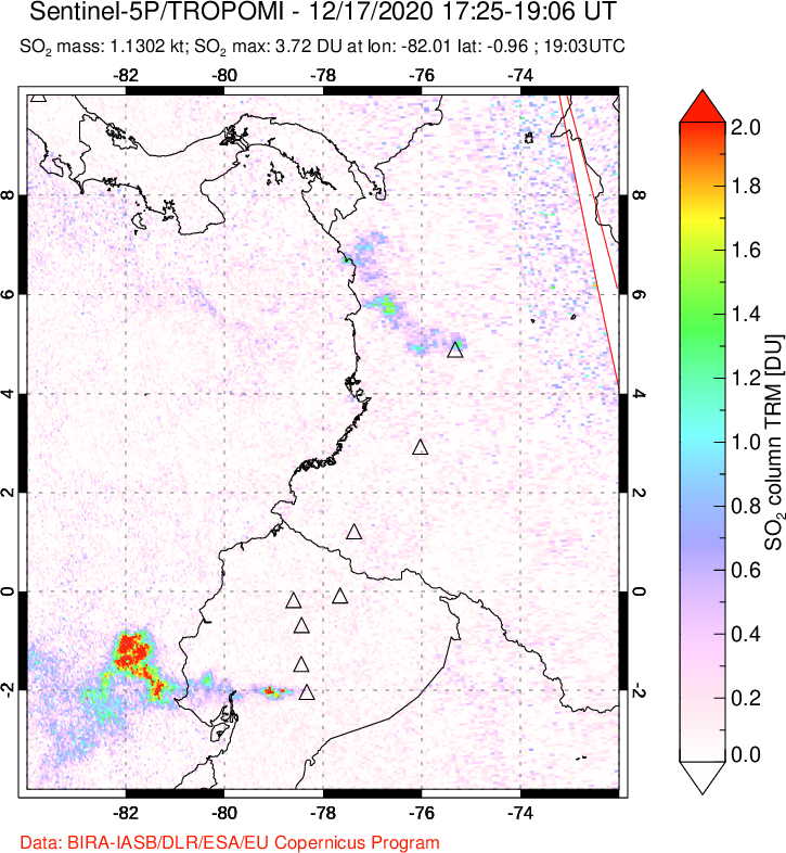 A sulfur dioxide image over Ecuador on Dec 17, 2020.