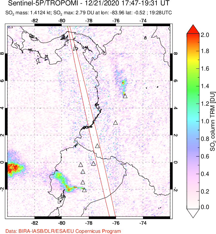 A sulfur dioxide image over Ecuador on Dec 21, 2020.