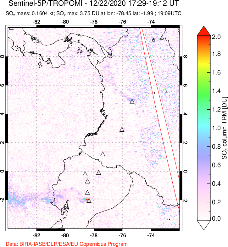 A sulfur dioxide image over Ecuador on Dec 22, 2020.