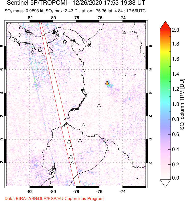 A sulfur dioxide image over Ecuador on Dec 26, 2020.