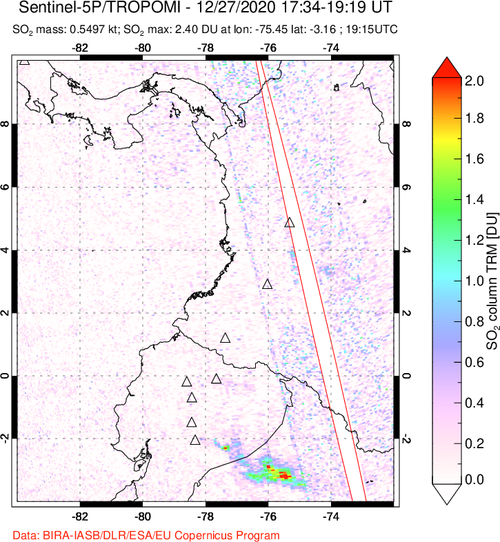 A sulfur dioxide image over Ecuador on Dec 27, 2020.
