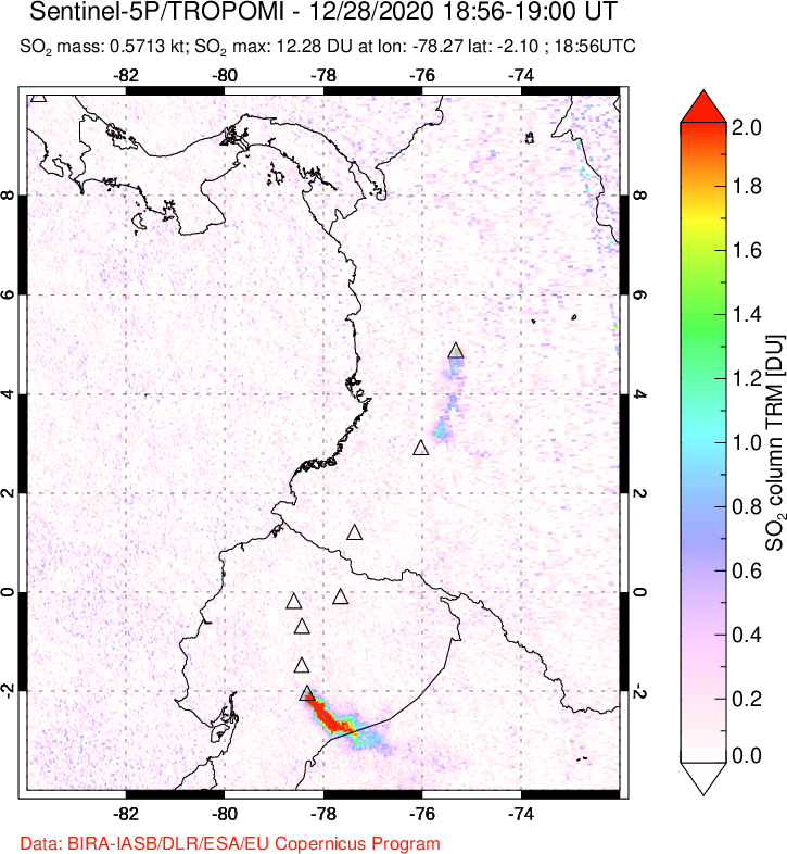 A sulfur dioxide image over Ecuador on Dec 28, 2020.