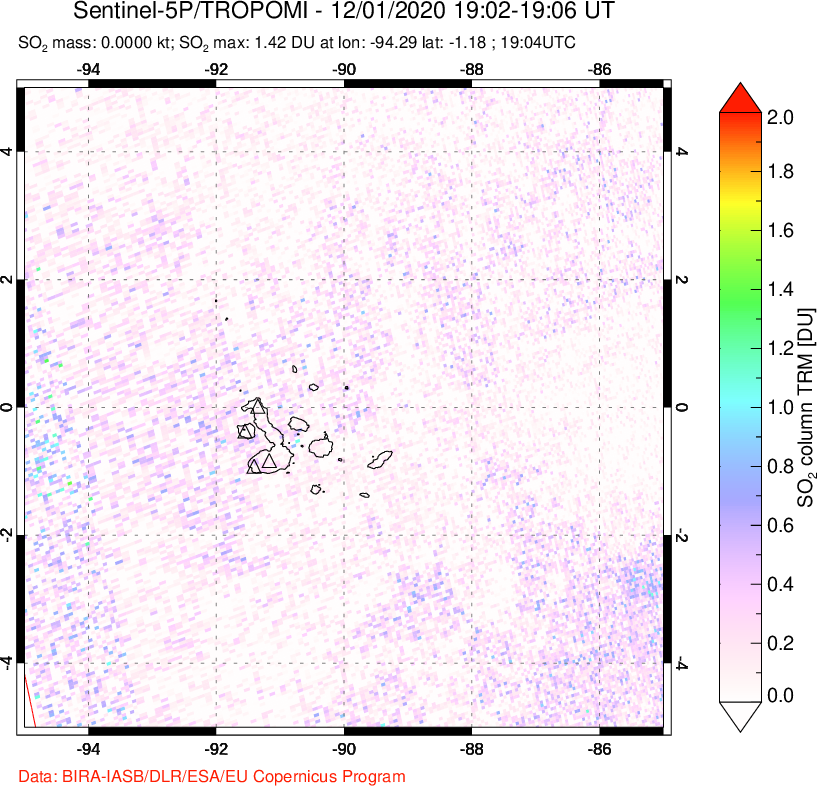 A sulfur dioxide image over Galápagos Islands on Dec 01, 2020.