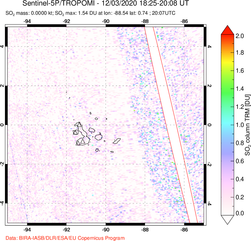 A sulfur dioxide image over Galápagos Islands on Dec 03, 2020.
