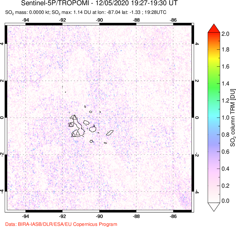 A sulfur dioxide image over Galápagos Islands on Dec 05, 2020.