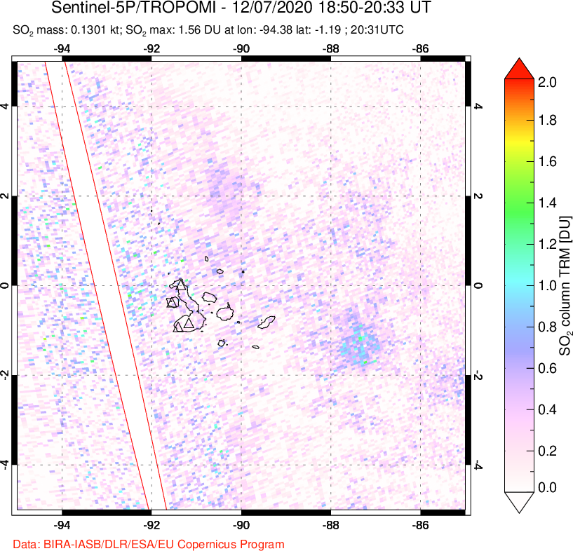 A sulfur dioxide image over Galápagos Islands on Dec 07, 2020.