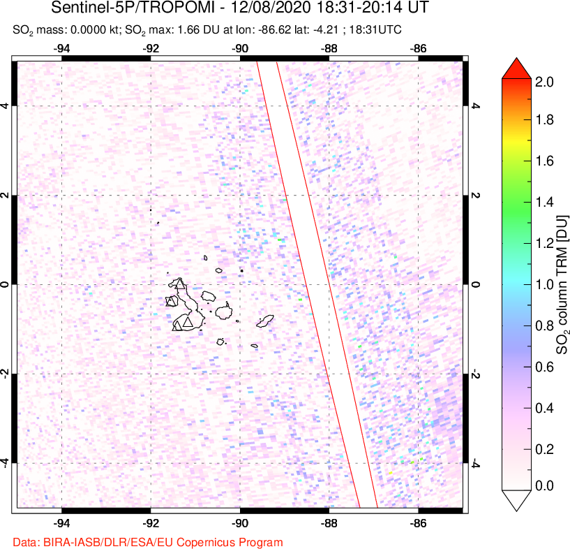 A sulfur dioxide image over Galápagos Islands on Dec 08, 2020.