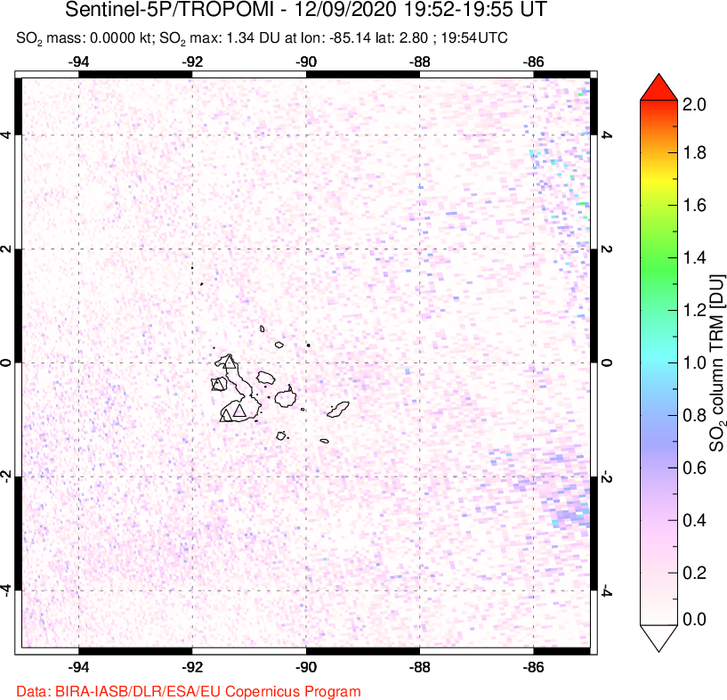 A sulfur dioxide image over Galápagos Islands on Dec 09, 2020.