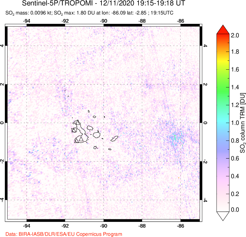 A sulfur dioxide image over Galápagos Islands on Dec 11, 2020.