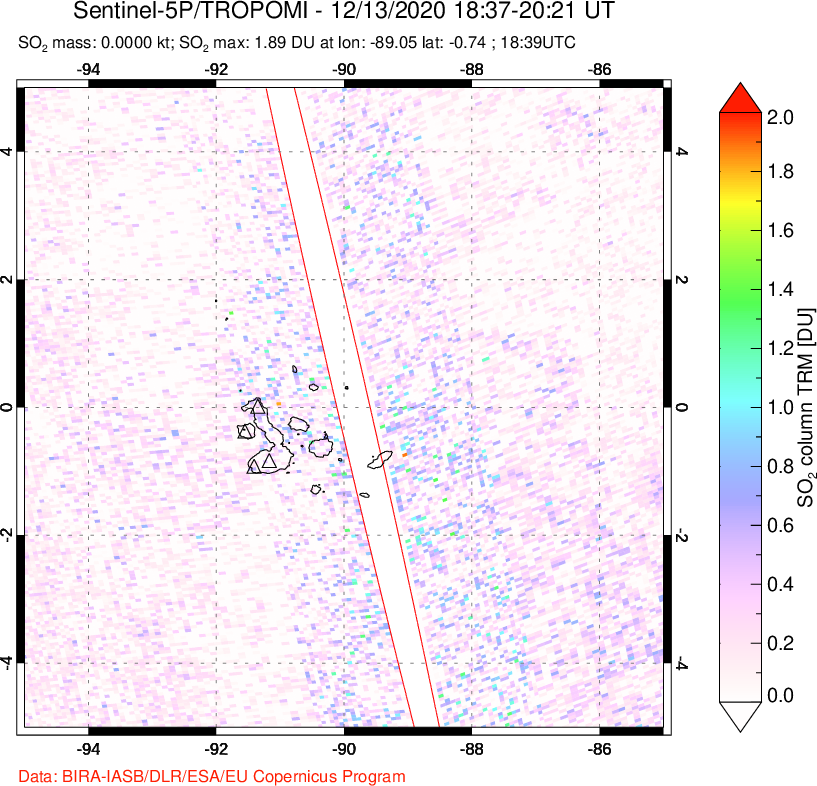 A sulfur dioxide image over Galápagos Islands on Dec 13, 2020.