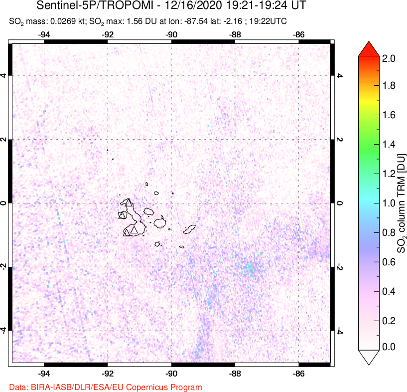A sulfur dioxide image over Galápagos Islands on Dec 16, 2020.