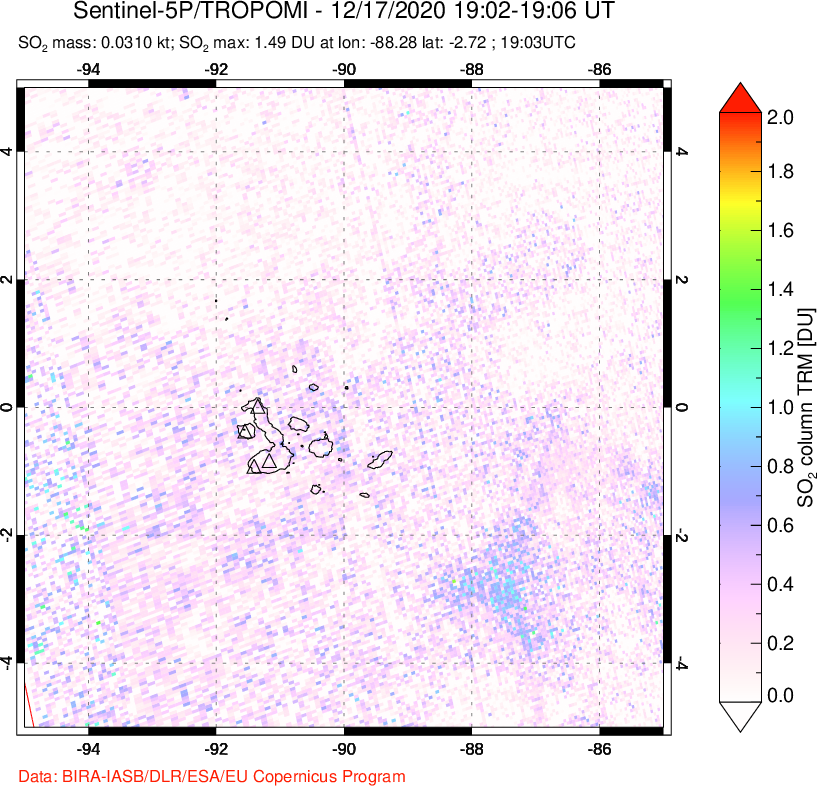 A sulfur dioxide image over Galápagos Islands on Dec 17, 2020.
