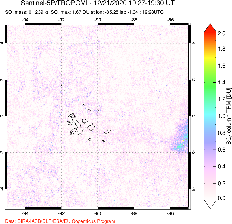 A sulfur dioxide image over Galápagos Islands on Dec 21, 2020.