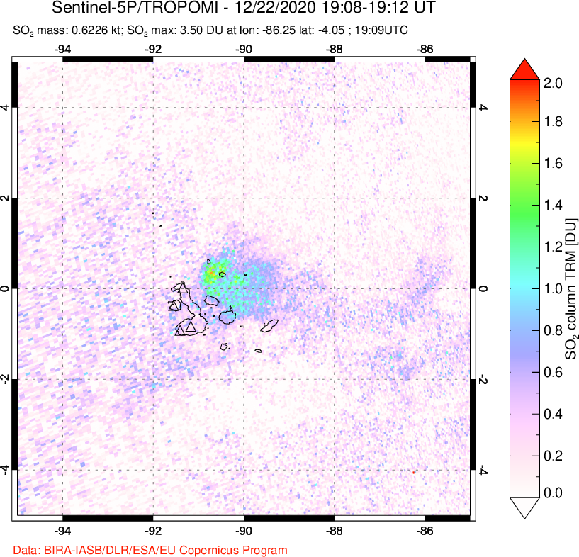 A sulfur dioxide image over Galápagos Islands on Dec 22, 2020.