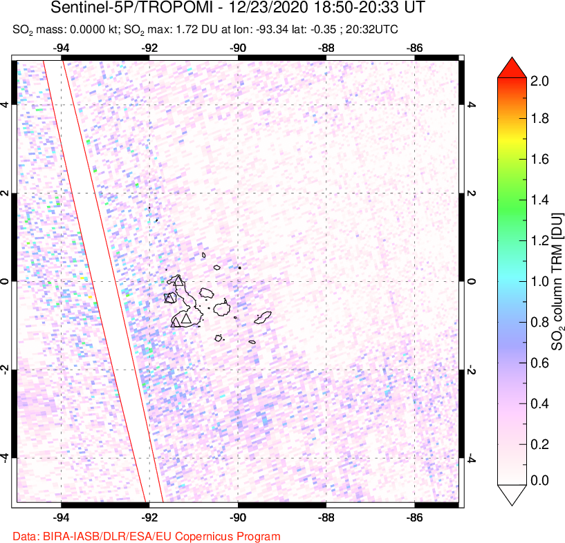 A sulfur dioxide image over Galápagos Islands on Dec 23, 2020.