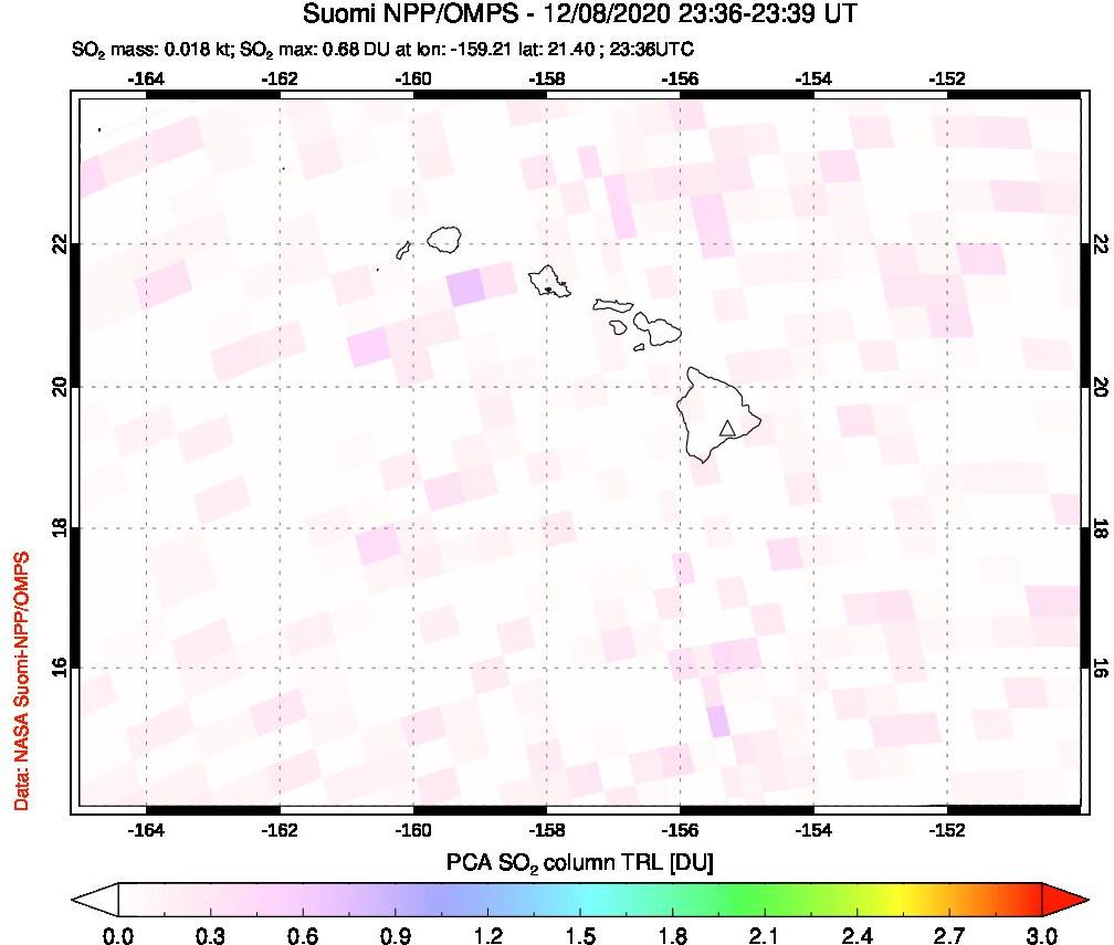 A sulfur dioxide image over Hawaii, USA on Dec 08, 2020.