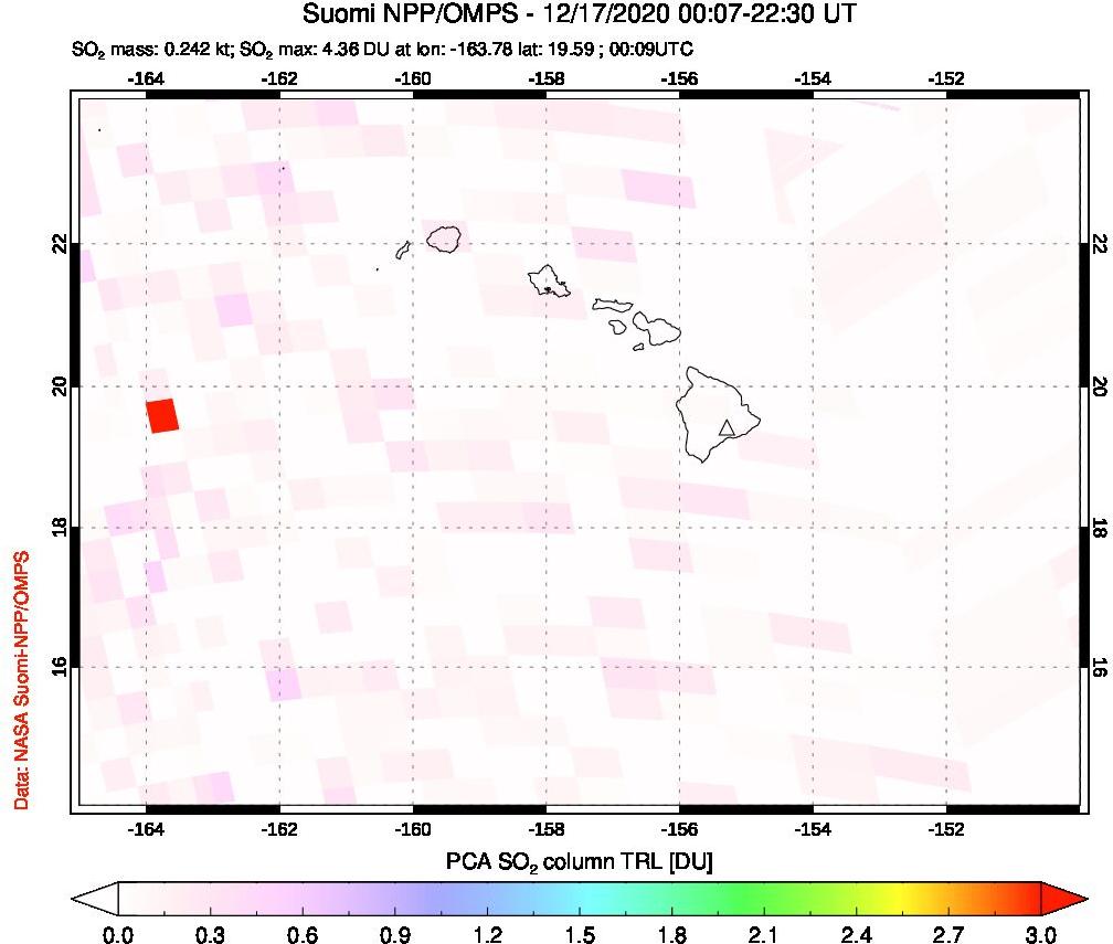 A sulfur dioxide image over Hawaii, USA on Dec 17, 2020.