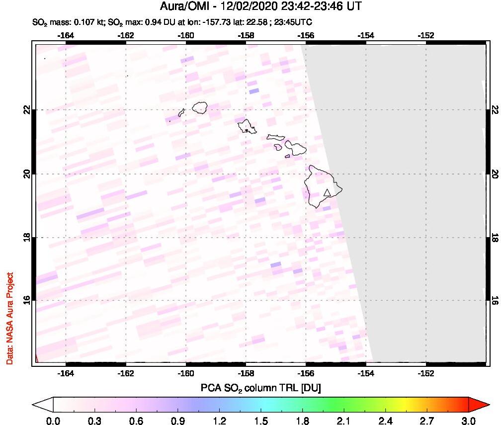A sulfur dioxide image over Hawaii, USA on Dec 02, 2020.