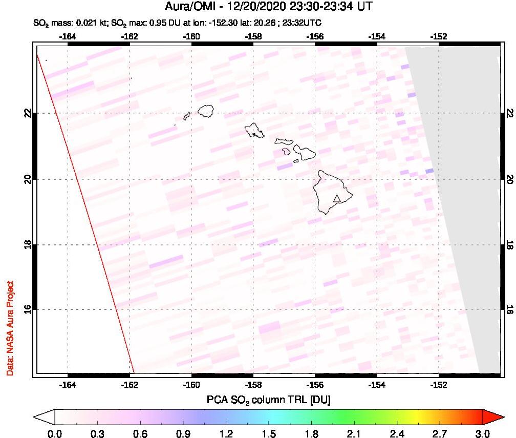 A sulfur dioxide image over Hawaii, USA on Dec 20, 2020.