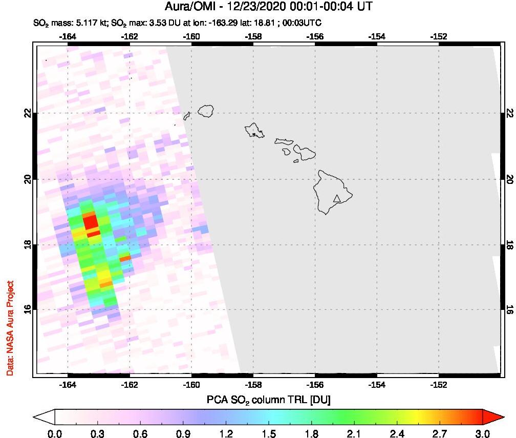 A sulfur dioxide image over Hawaii, USA on Dec 23, 2020.