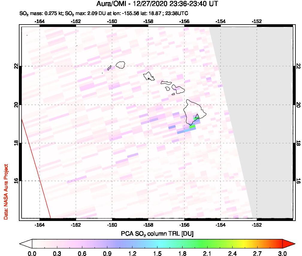 A sulfur dioxide image over Hawaii, USA on Dec 27, 2020.