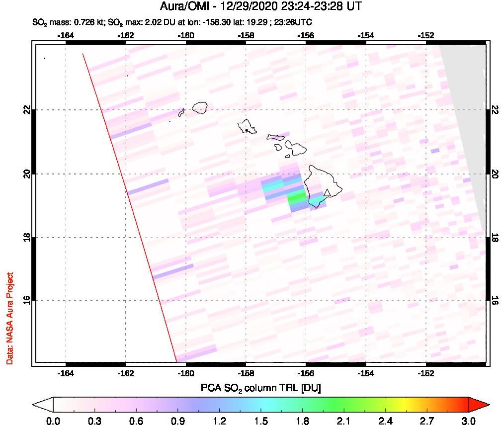 A sulfur dioxide image over Hawaii, USA on Dec 29, 2020.