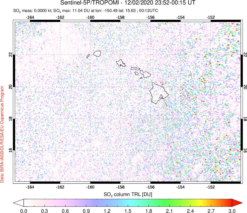 A sulfur dioxide image over Hawaii, USA on Dec 02, 2020.