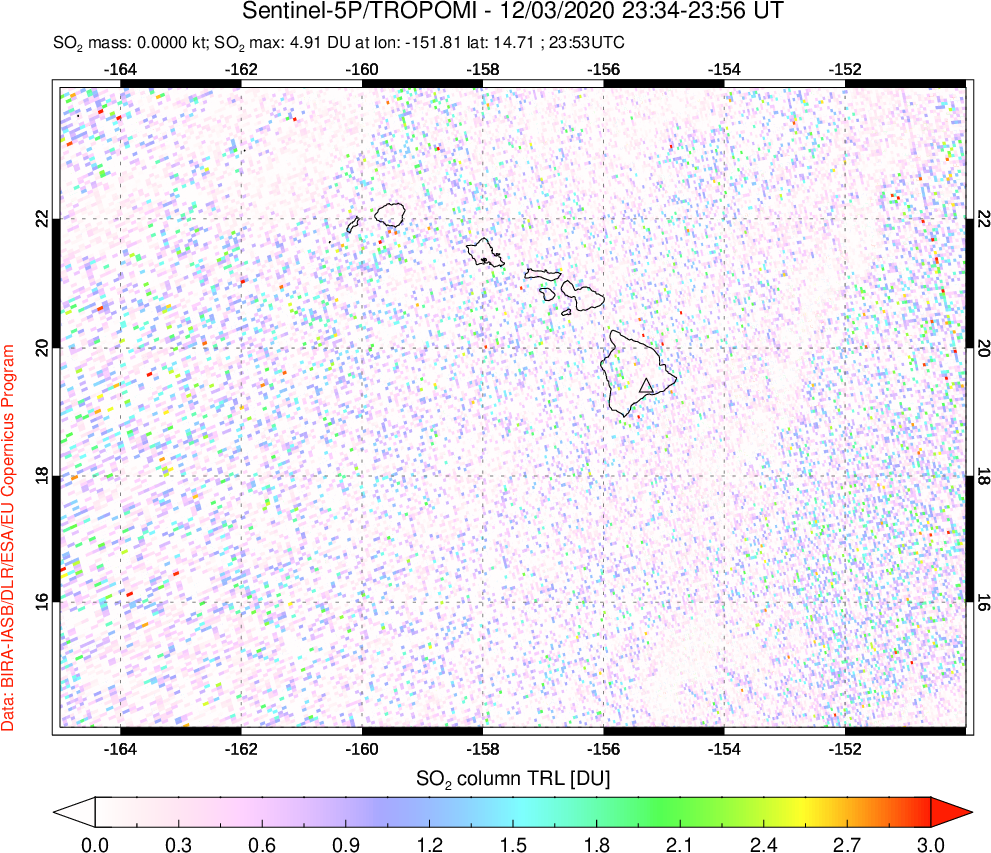 A sulfur dioxide image over Hawaii, USA on Dec 03, 2020.