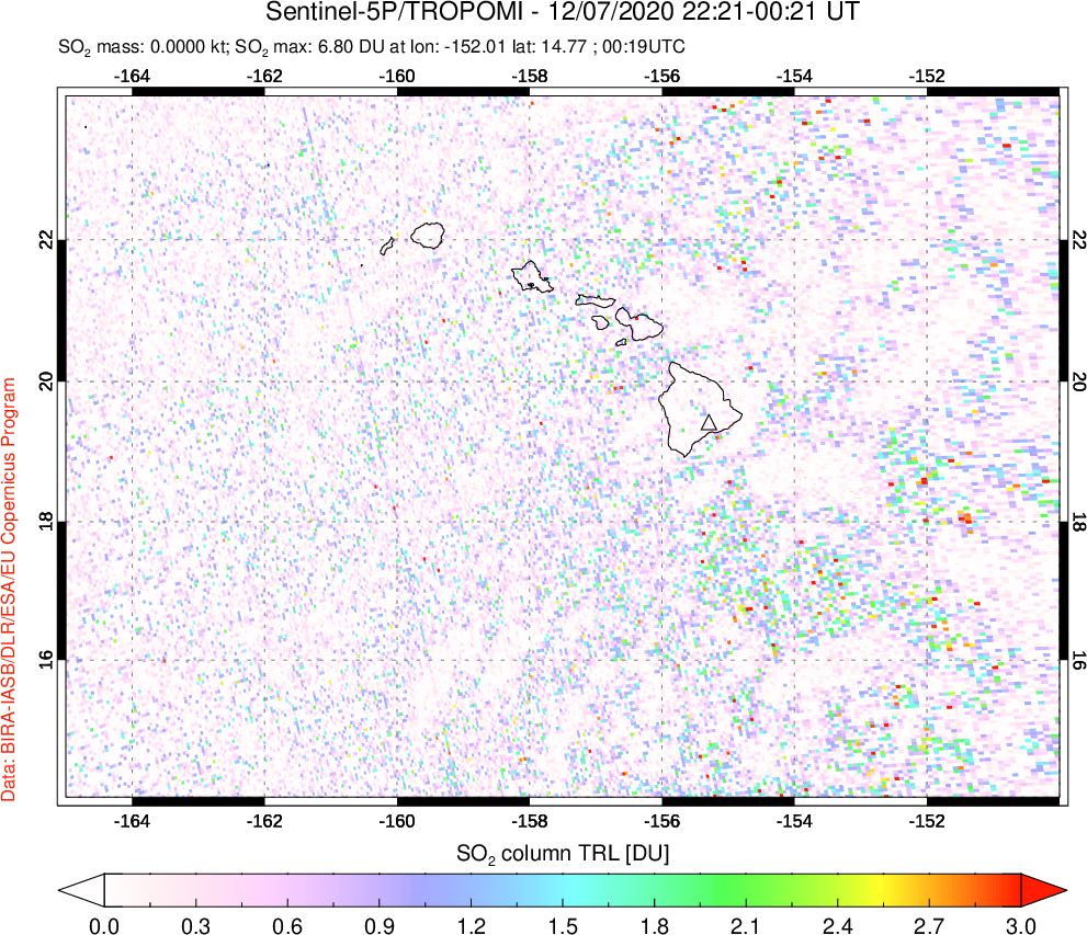 A sulfur dioxide image over Hawaii, USA on Dec 07, 2020.