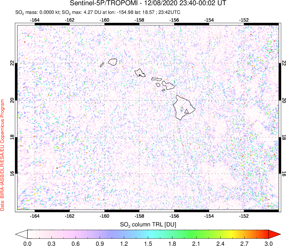 A sulfur dioxide image over Hawaii, USA on Dec 08, 2020.