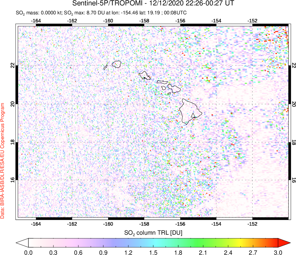 A sulfur dioxide image over Hawaii, USA on Dec 12, 2020.