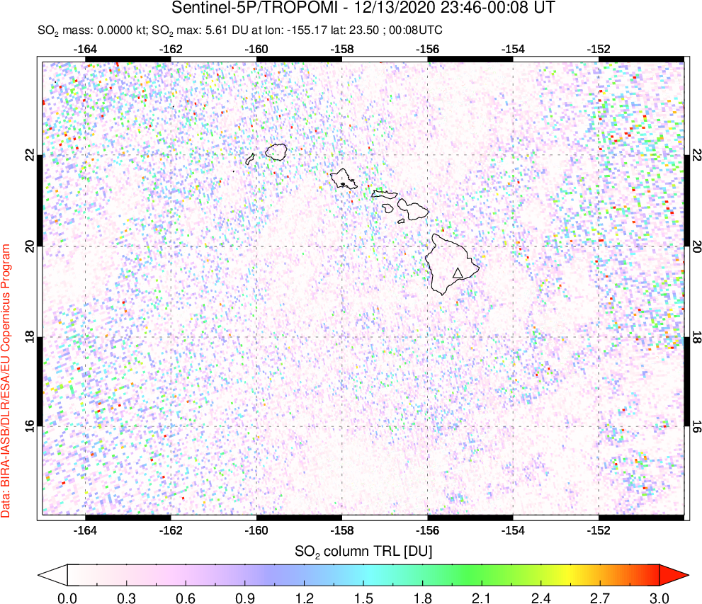 A sulfur dioxide image over Hawaii, USA on Dec 13, 2020.