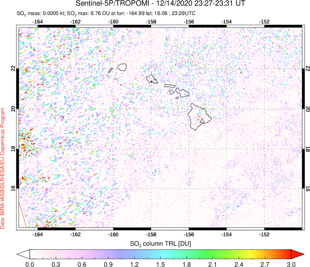 A sulfur dioxide image over Hawaii, USA on Dec 14, 2020.