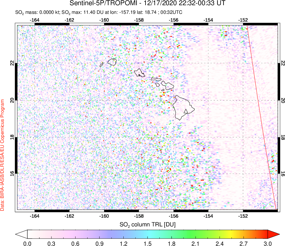 A sulfur dioxide image over Hawaii, USA on Dec 17, 2020.