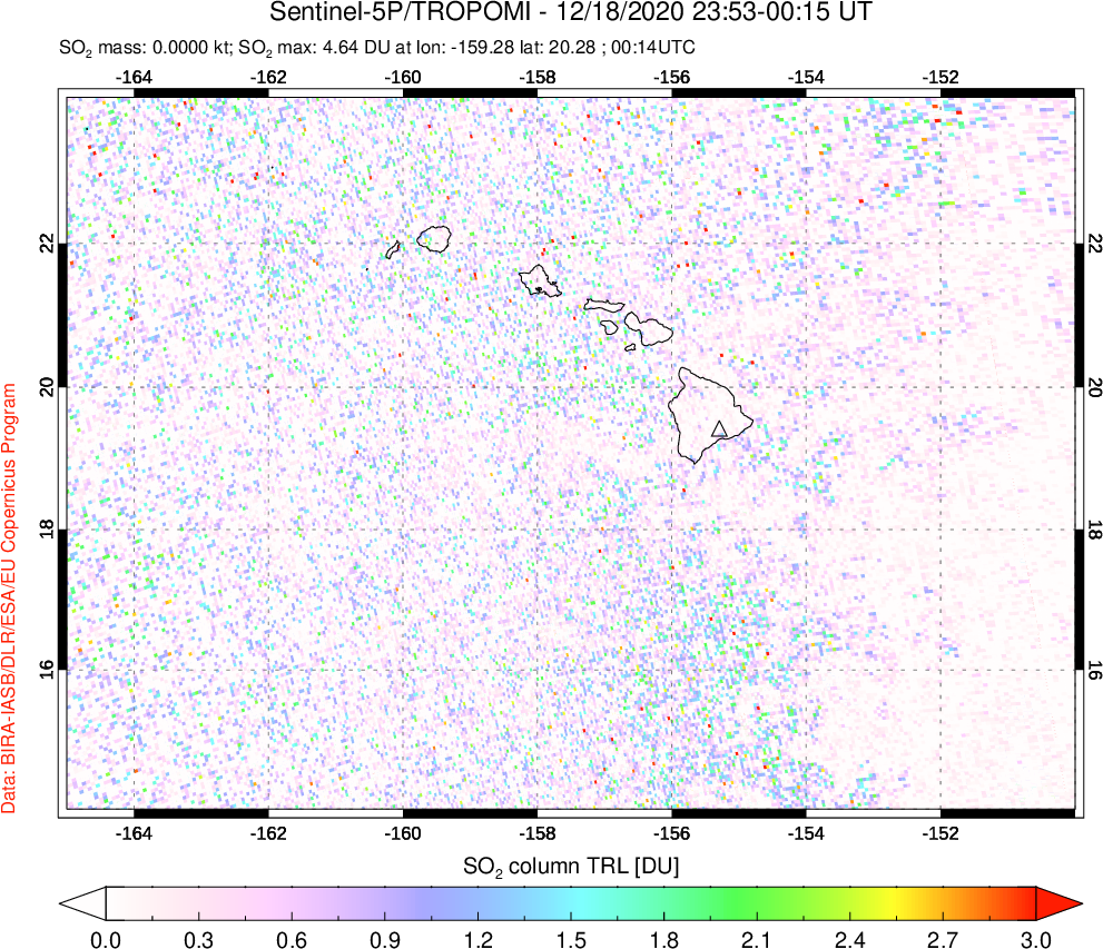 A sulfur dioxide image over Hawaii, USA on Dec 18, 2020.