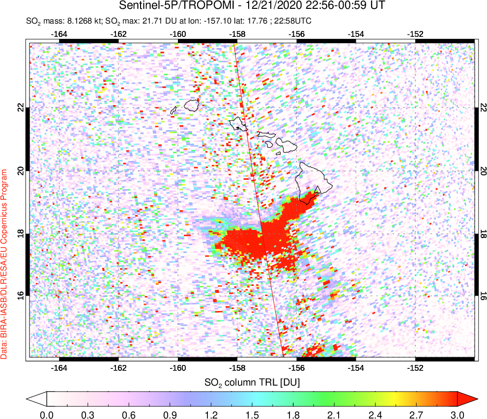 A sulfur dioxide image over Hawaii, USA on Dec 21, 2020.