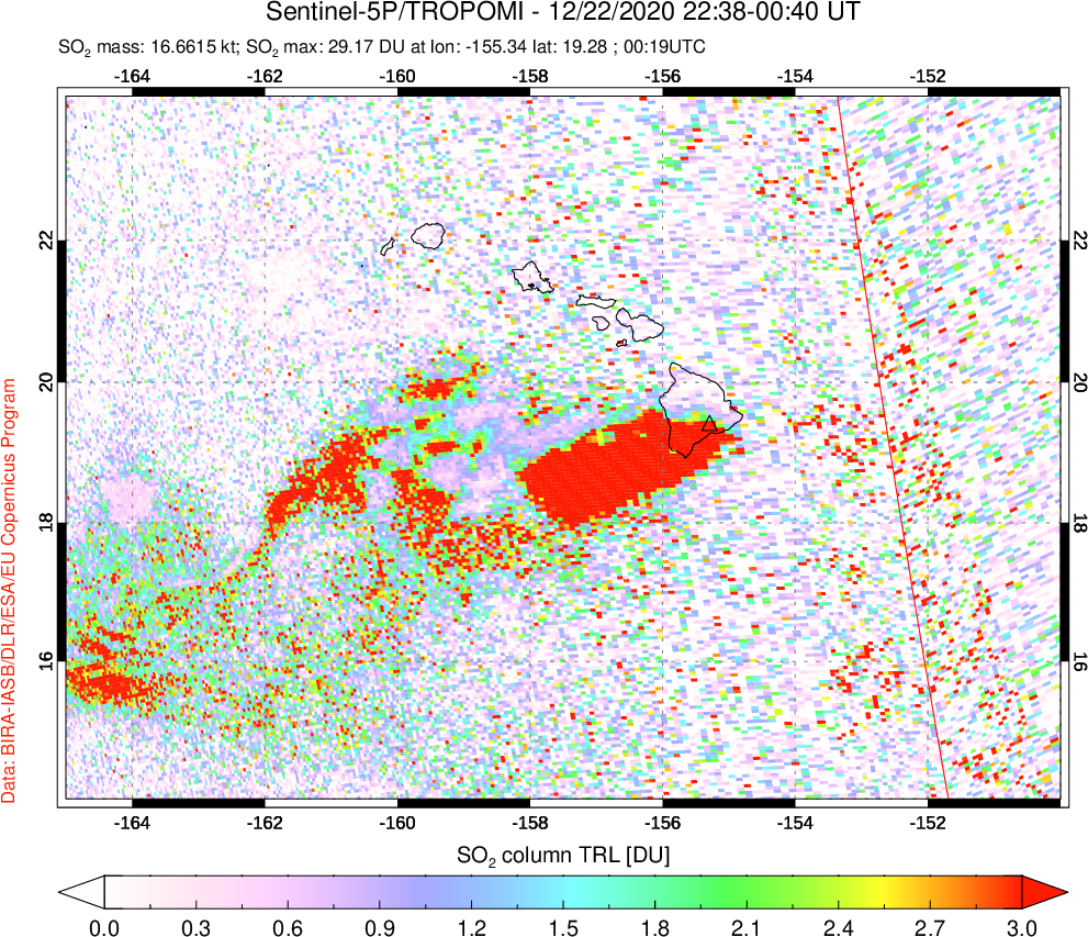 A sulfur dioxide image over Hawaii, USA on Dec 22, 2020.