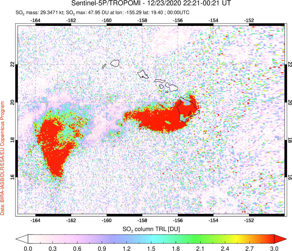 A sulfur dioxide image over Hawaii, USA on Dec 23, 2020.