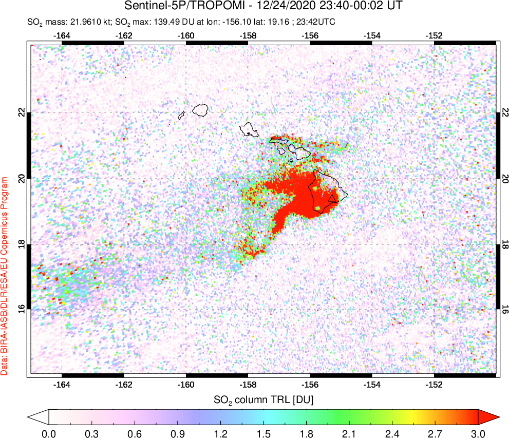 A sulfur dioxide image over Hawaii, USA on Dec 24, 2020.