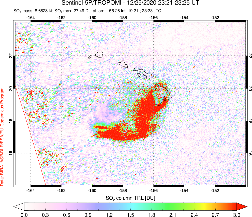 A sulfur dioxide image over Hawaii, USA on Dec 25, 2020.